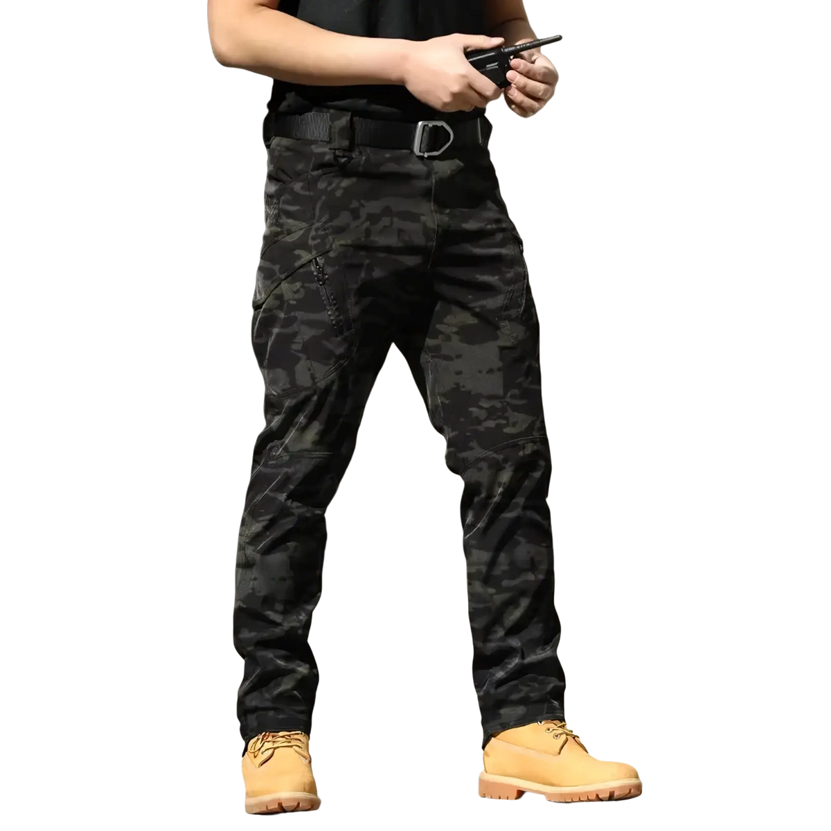 Men’s waterproof tactical cargo pants in black and gray camouflage with multiple pockets and a sturdy belt