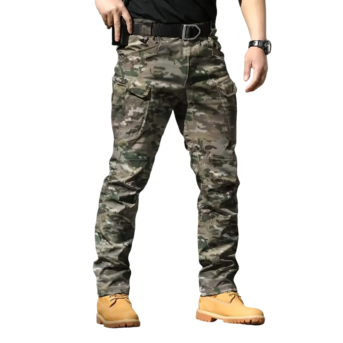 Men’s waterproof camouflage tactical cargo pants with multiple pockets and durable military-style design