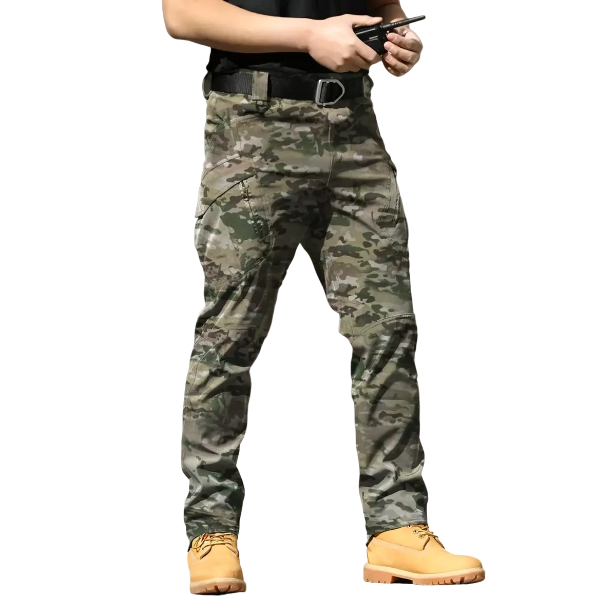 Men’s waterproof tactical cargo pants in camouflage pattern with multiple pockets and a sturdy black belt visible