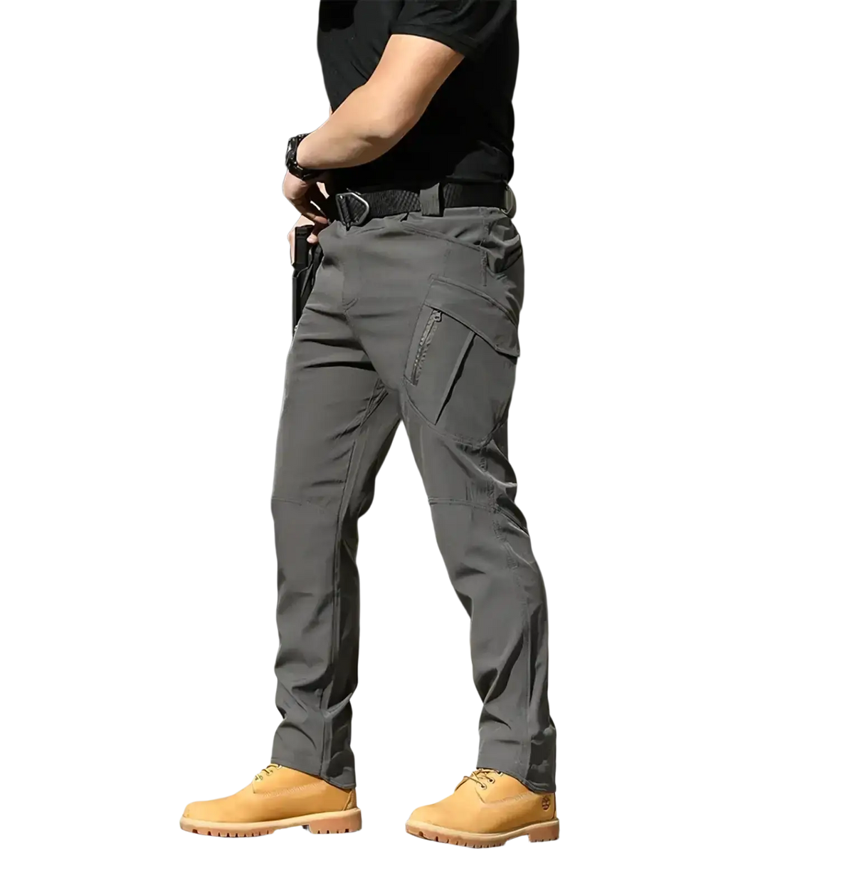 Men’s dark gray waterproof tactical cargo pants with multiple cargo pockets and durable functional design