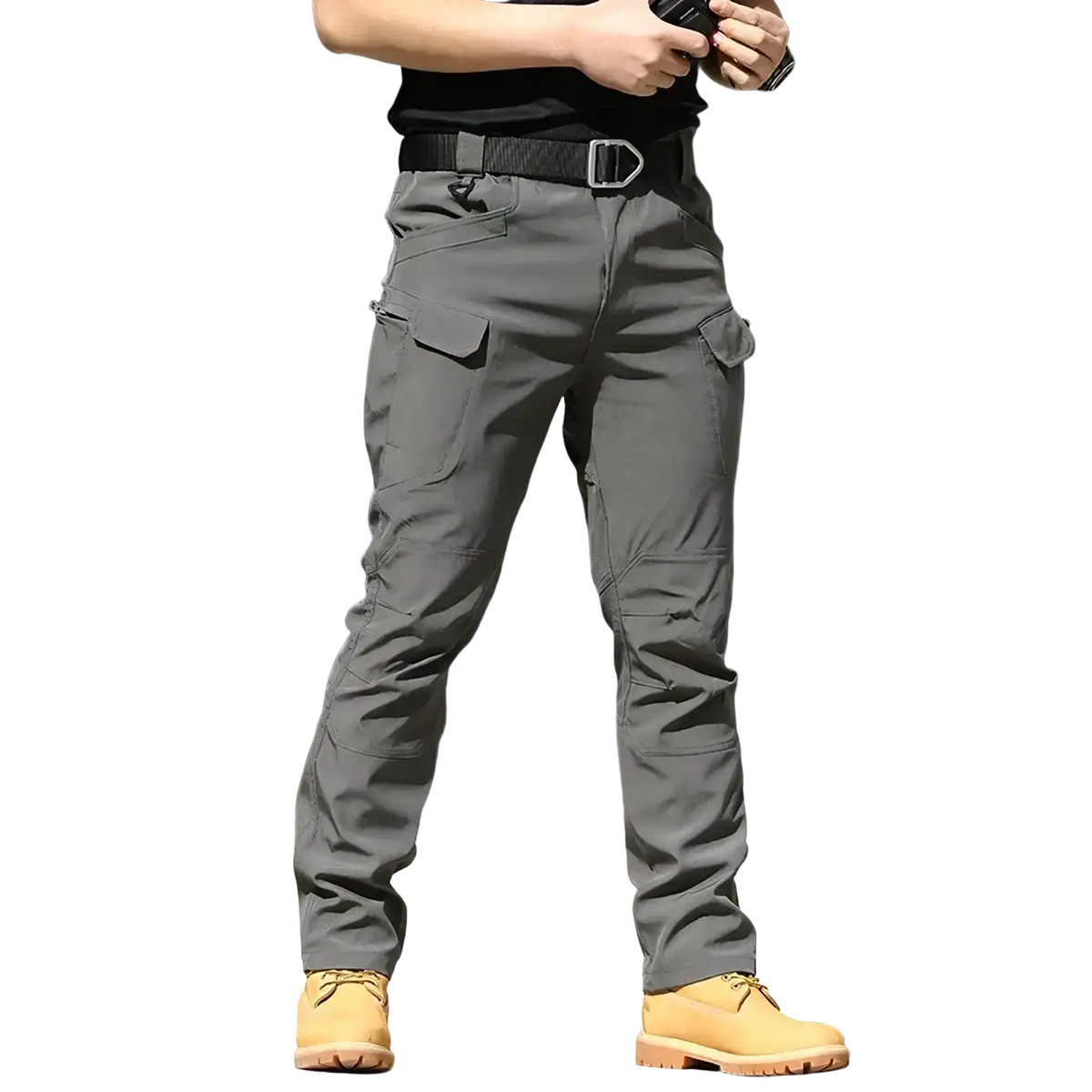 Gray men’s waterproof tactical cargo pants with multiple cargo pockets and a black belt for outdoor use