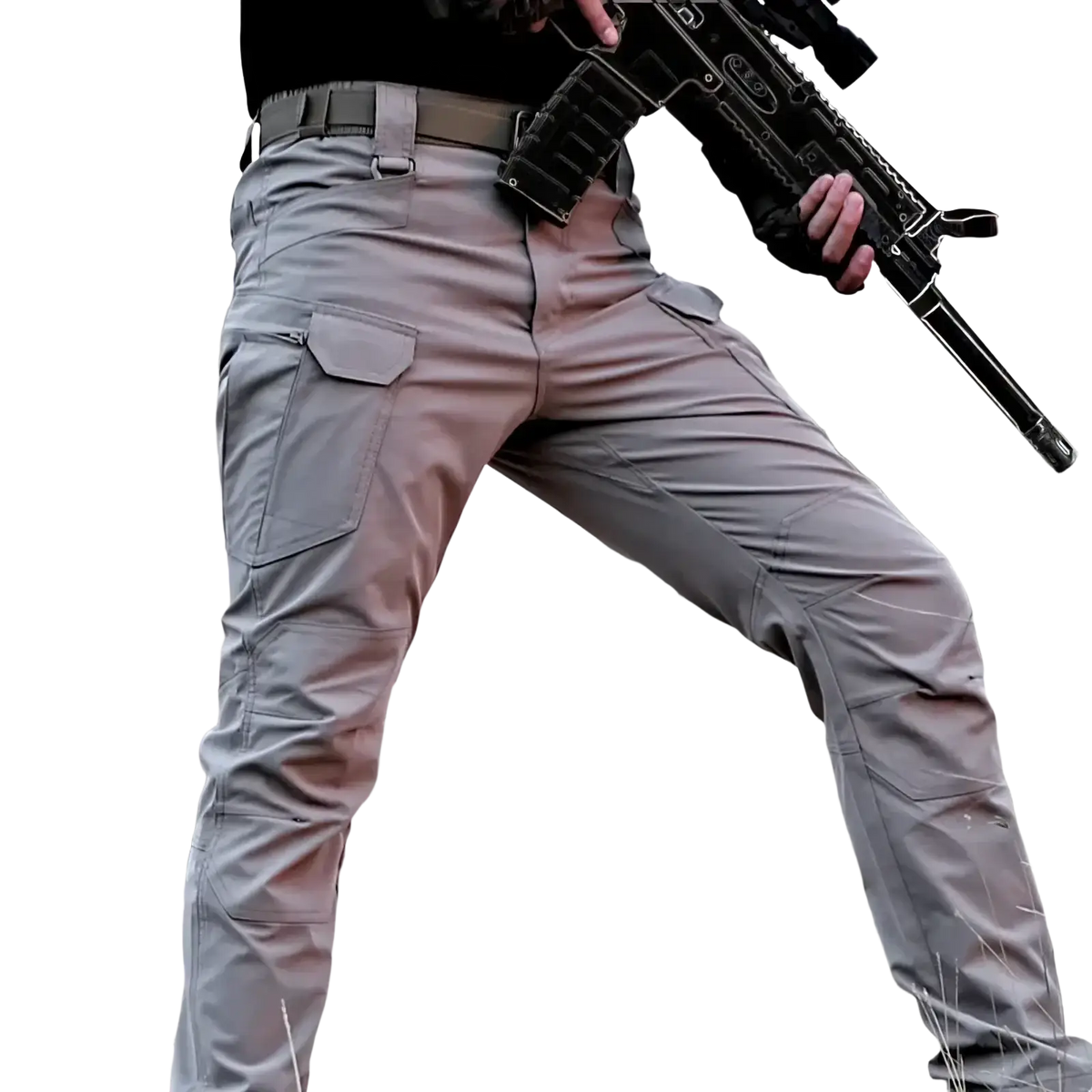 Gray men’s waterproof tactical cargo pants with durable fabric and multiple cargo pockets for outdoor use