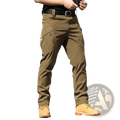 Men’s tan waterproof tactical cargo pants with multiple pockets and a black belt shown from the back side
