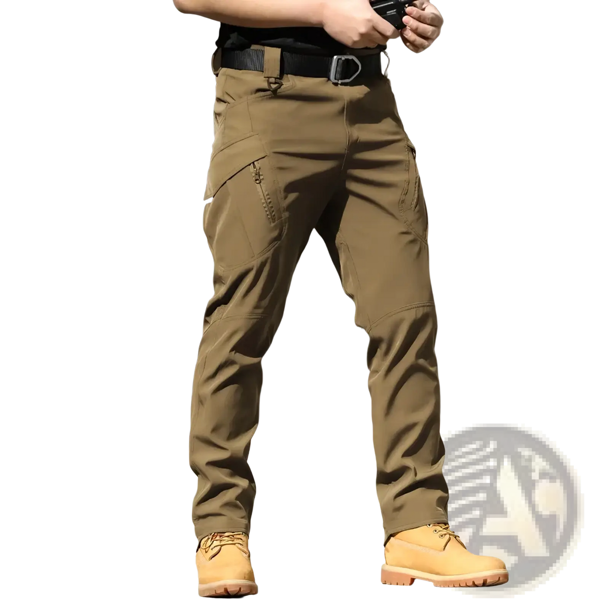 Men’s tan waterproof tactical cargo pants with multiple pockets and a black belt shown from the back side