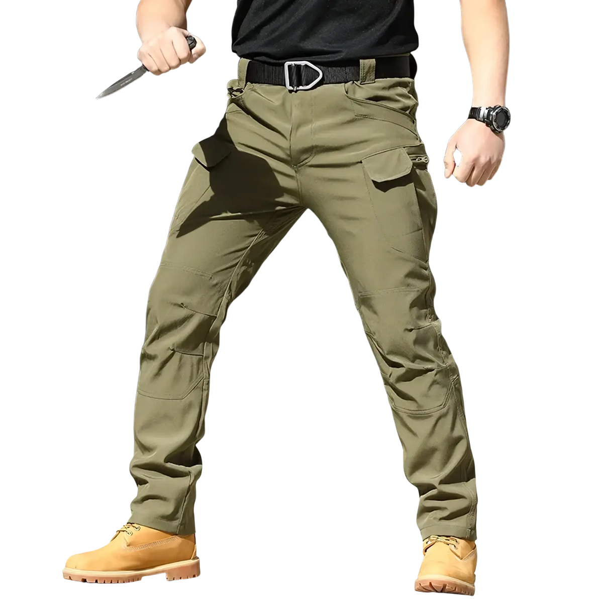 Men’s olive green waterproof tactical cargo pants with multiple pockets and a black belt for durability and functionality