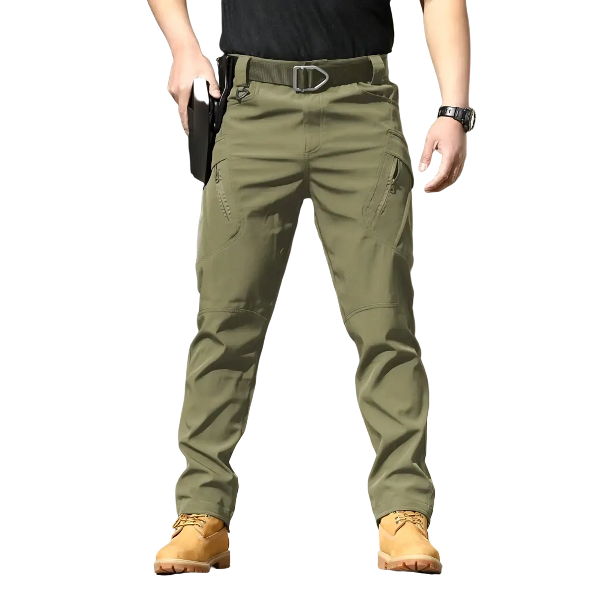 Men’s waterproof olive green tactical cargo pants featuring multiple cargo pockets and sturdy belt loops