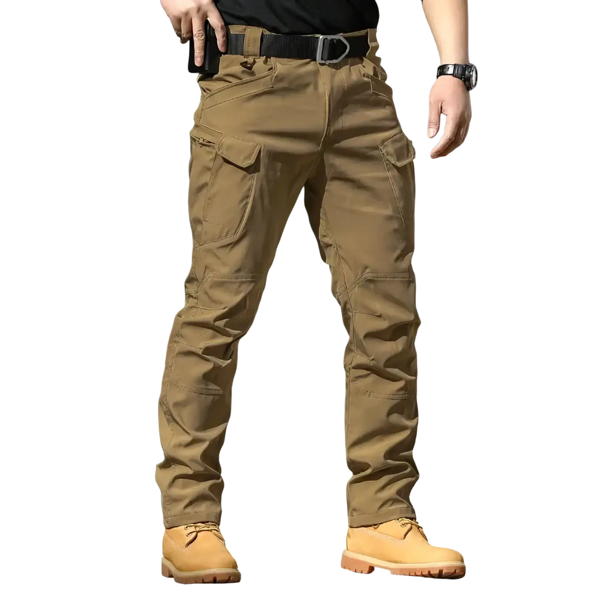 Tan men’s waterproof tactical cargo pants with multiple pockets and reinforced knee areas for durability and utility