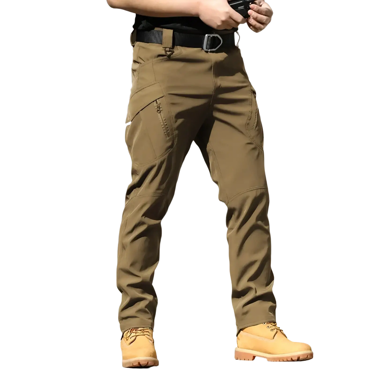 Men’s tan waterproof tactical cargo pants with multiple pockets and a black belt shown from the back side