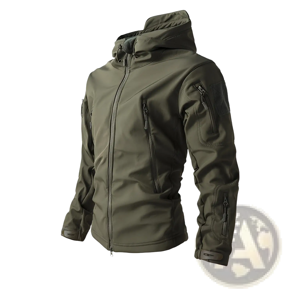 Men’s olive green waterproof tactical fleece soft shell jacket with multiple zippered pockets and hood visible from front