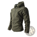 Men’s olive green waterproof tactical fleece soft shell jacket with multiple zippered pockets and hood visible from front