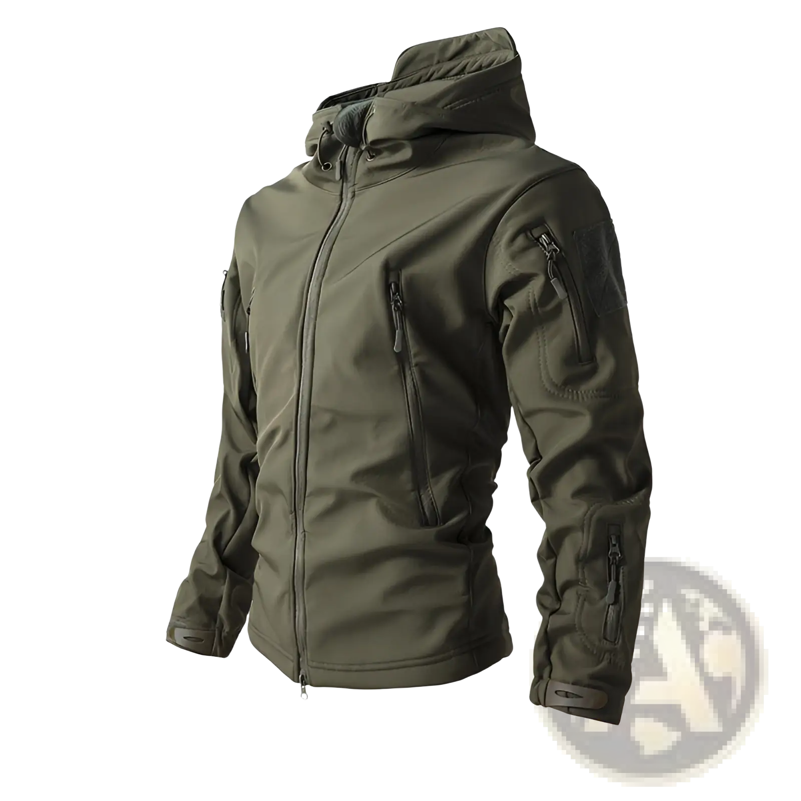 Men’s olive green waterproof tactical fleece soft shell jacket with multiple zippered pockets and hood visible from front