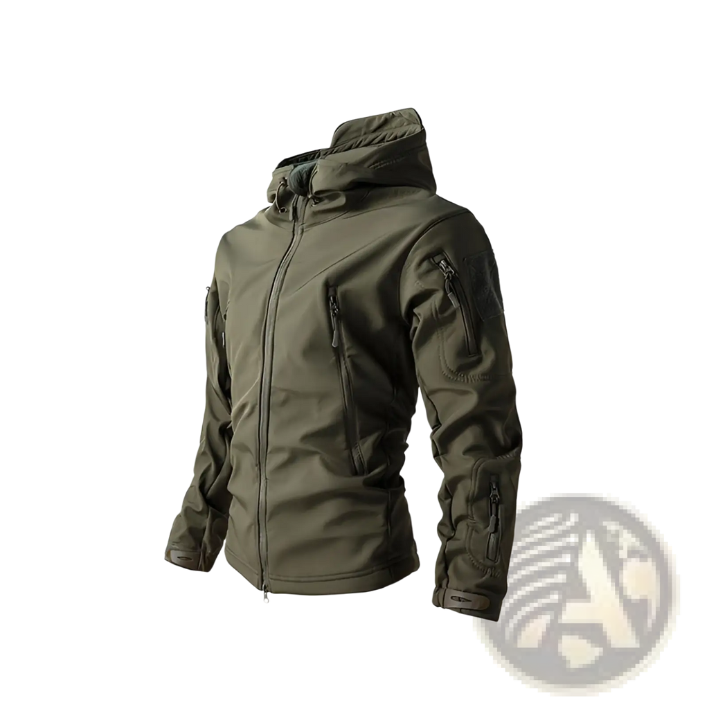 Men’s waterproof tactical fleece soft shell jacket in army green with multiple zippered pockets and a hood