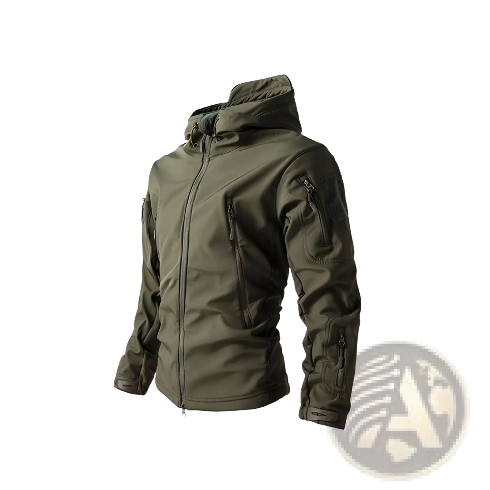 Men’s waterproof tactical fleece soft shell jacket in army green with multiple zippered pockets and a hood