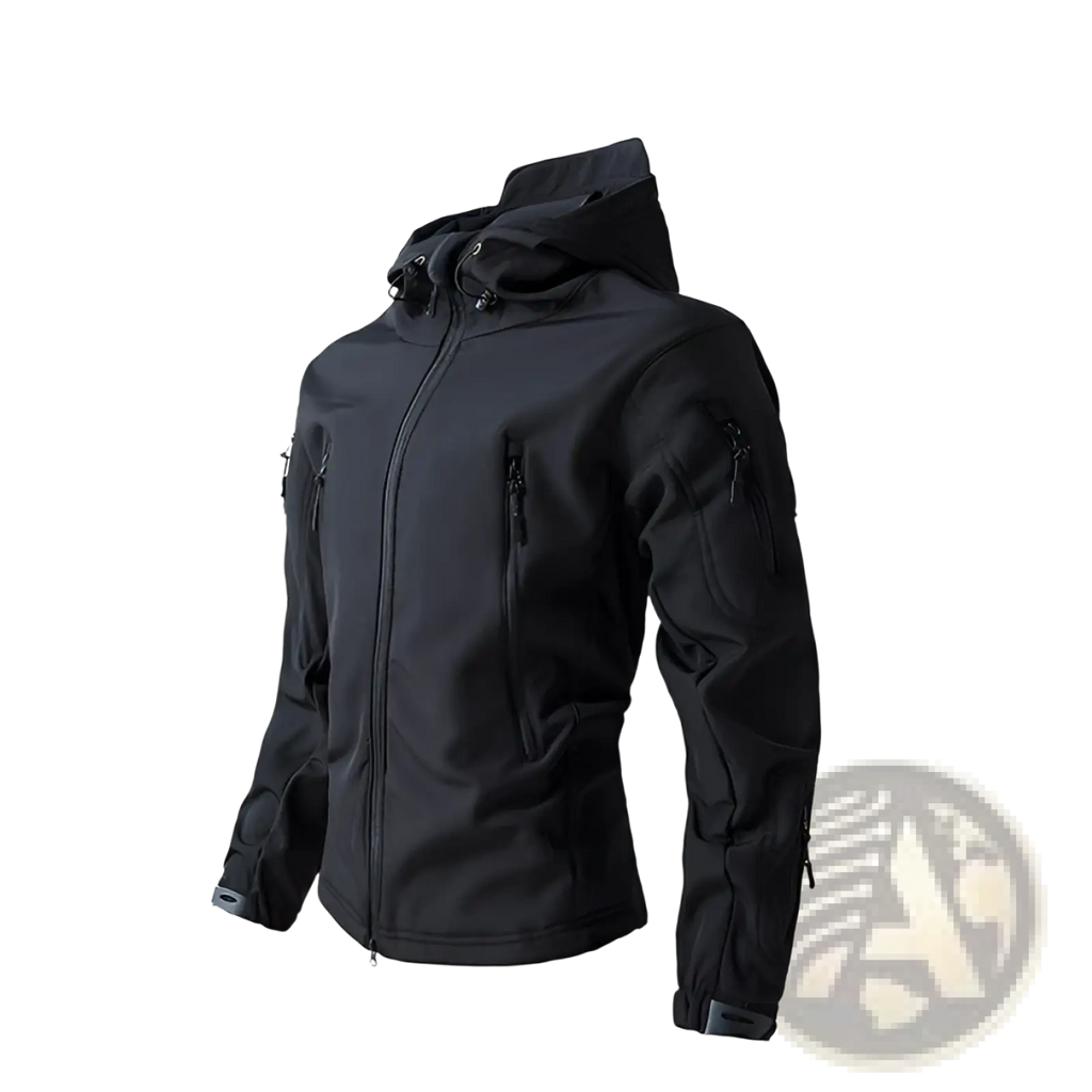 Men’s black waterproof tactical fleece soft shell jacket with multiple zippered pockets and a hood