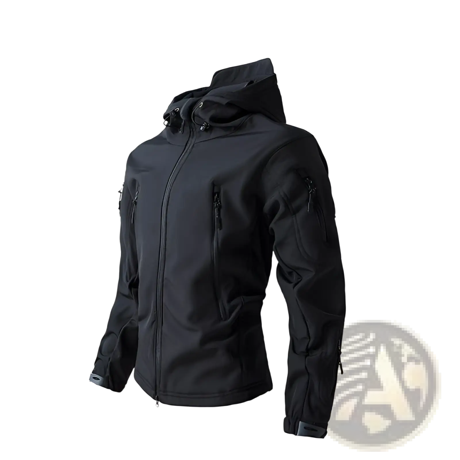 Men’s black waterproof tactical fleece soft shell jacket with multiple zippered pockets and a hood
