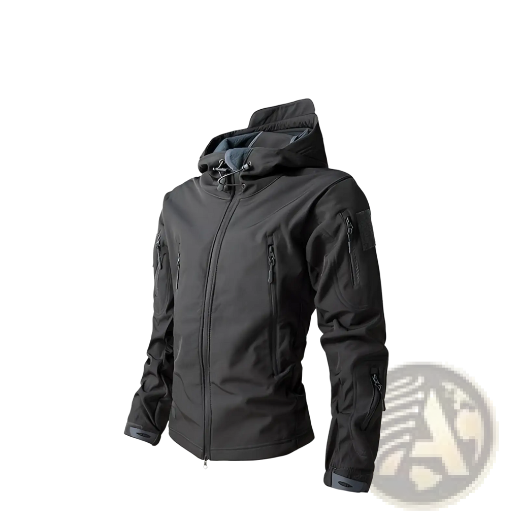 Men’s black waterproof tactical fleece soft shell jacket with hood lined in dark gray fleece and zippered pockets
