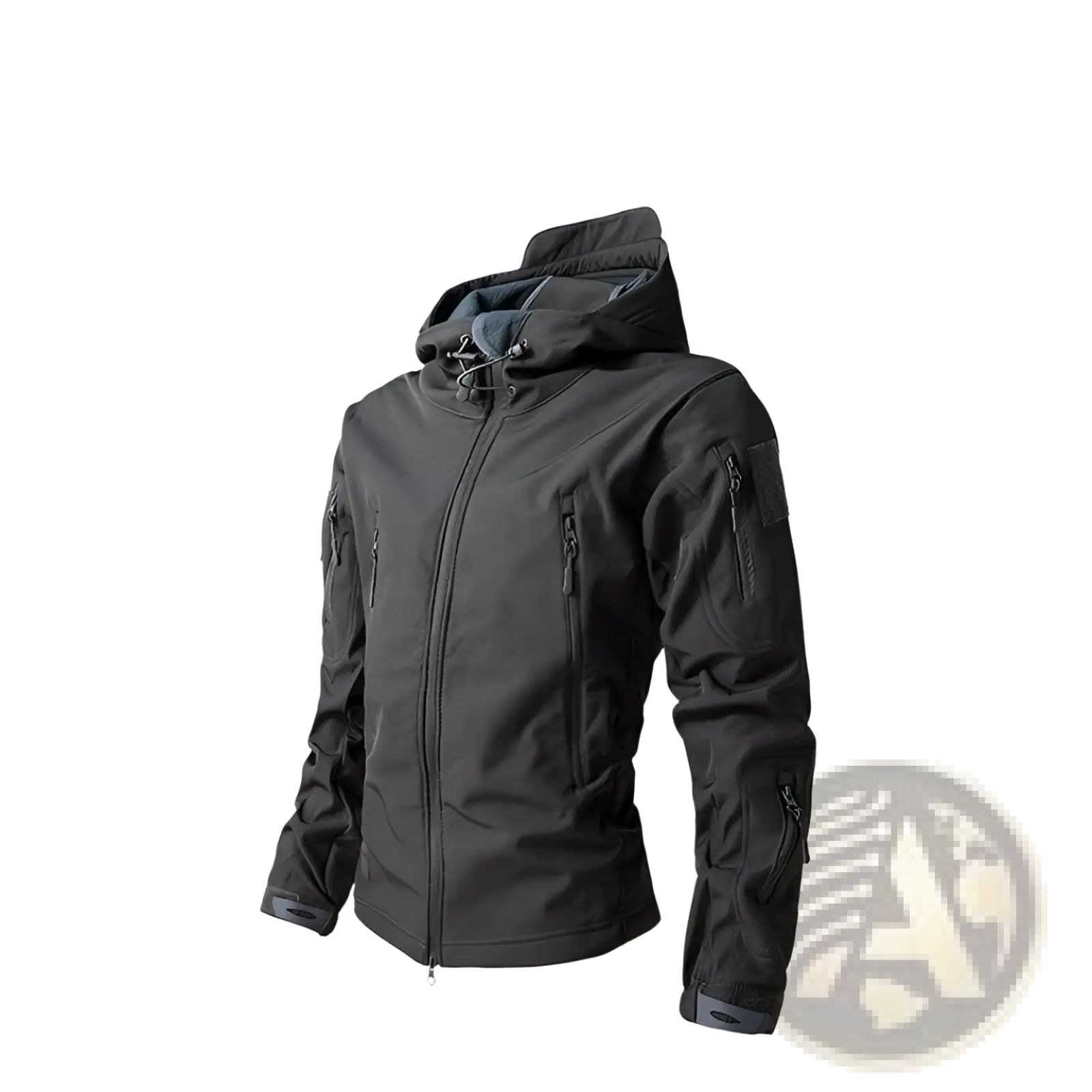 Men’s black waterproof tactical fleece soft shell jacket with hood lined in dark gray fleece and zippered pockets