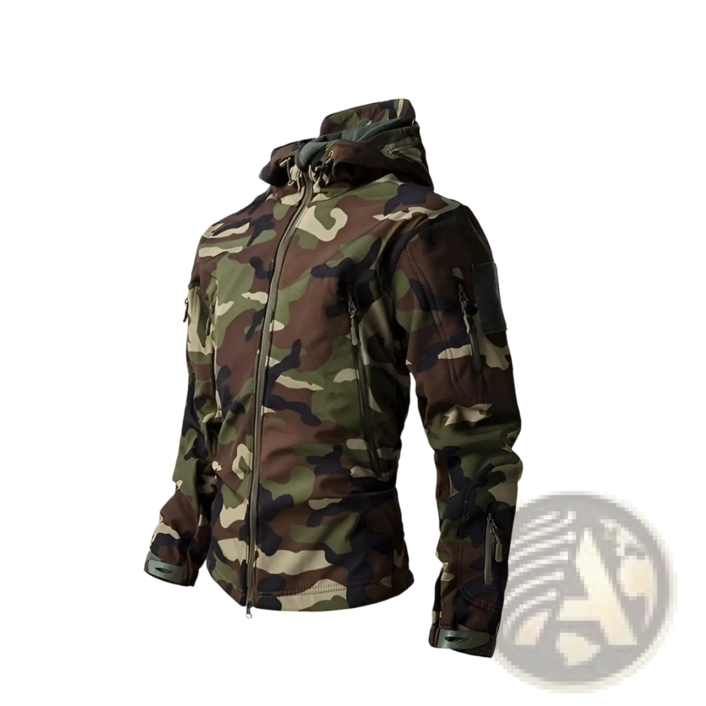 Men’s waterproof tactical fleece soft shell jacket in four-color camouflage with reinforced stitching and multiple zippered pockets