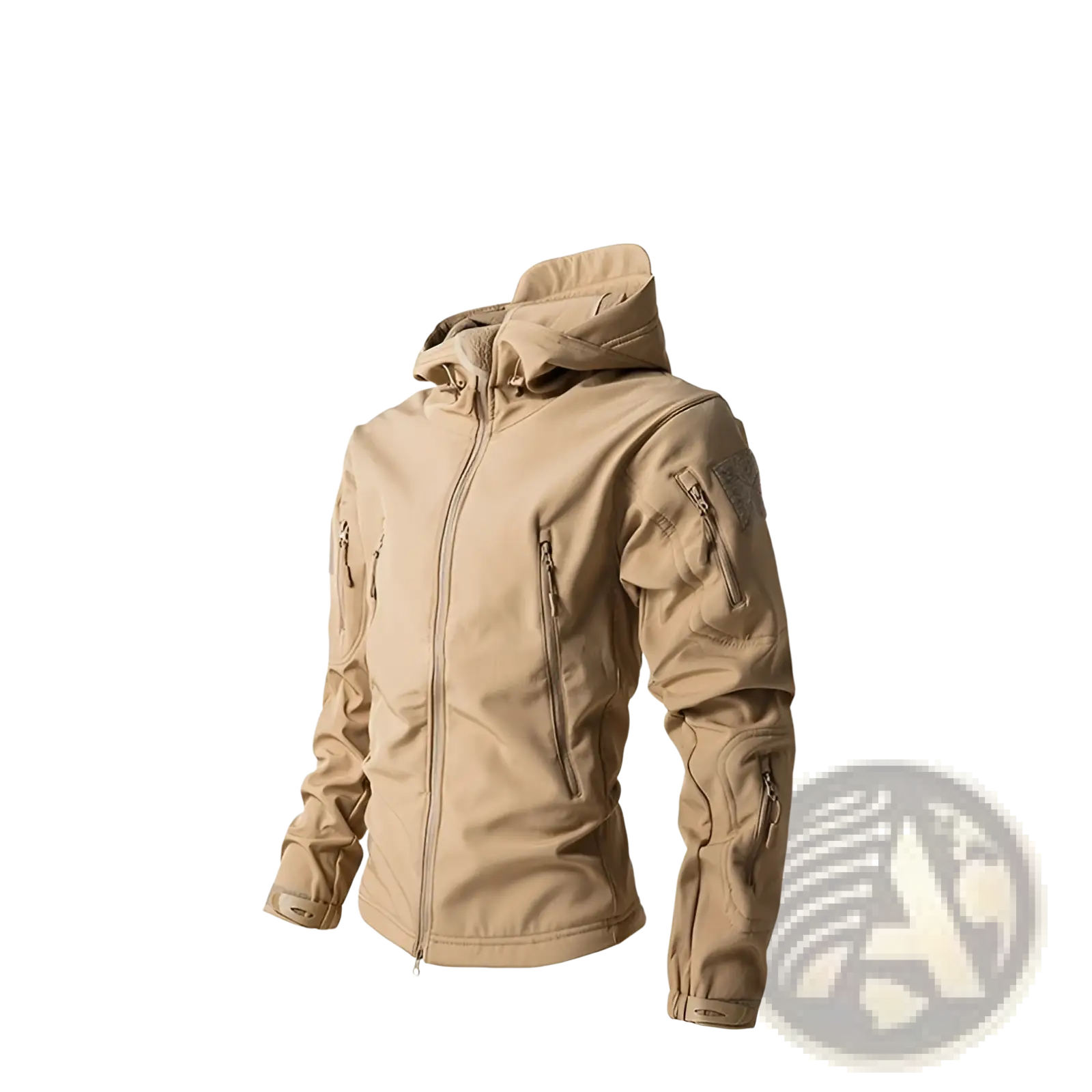 Men’s khaki waterproof tactical fleece soft shell jacket with hood multiple zippered pockets and matte finish