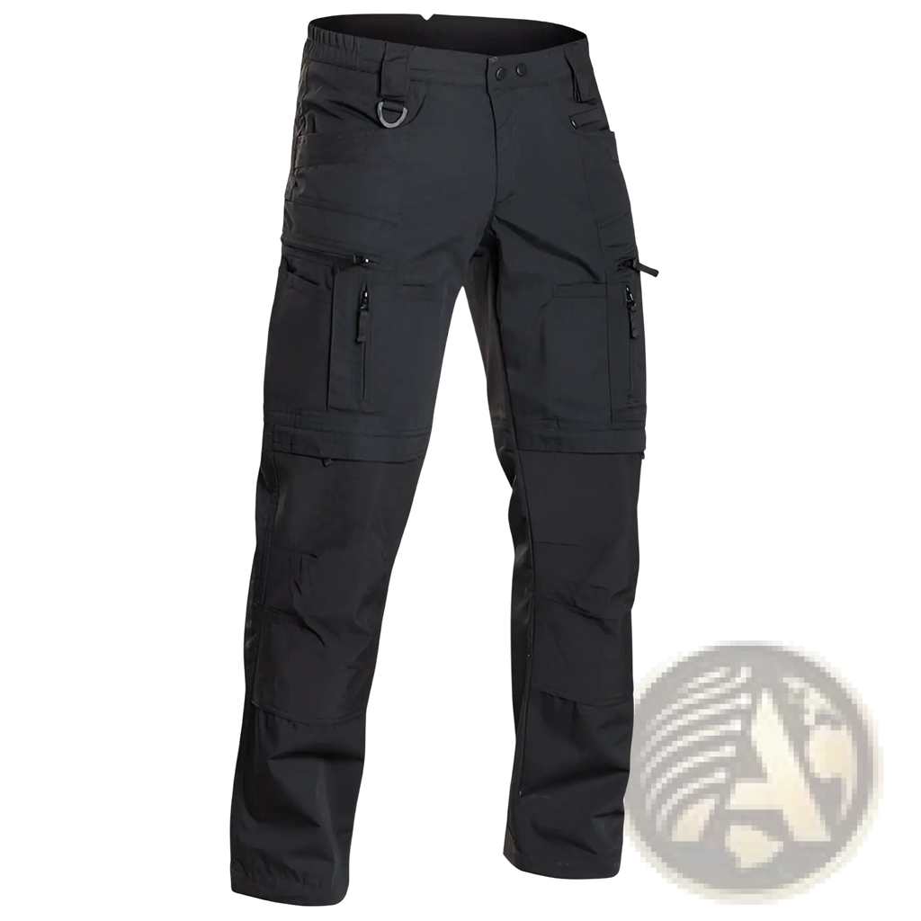 Mens waterproof tactical hiking cargo pants in black with multiple zippered pockets and reinforced stitching