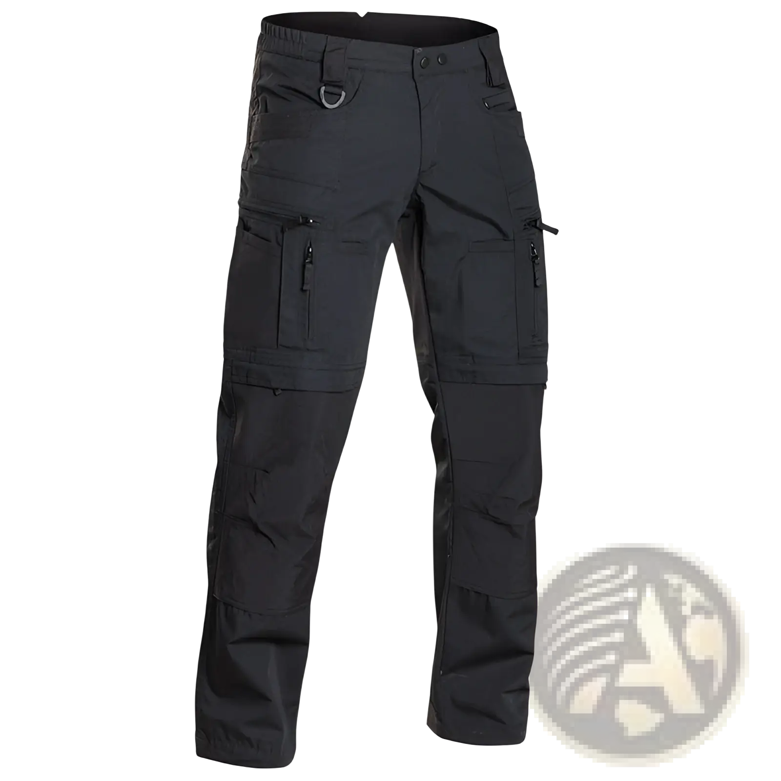 Mens waterproof tactical hiking cargo pants in black with multiple zippered pockets and reinforced stitching