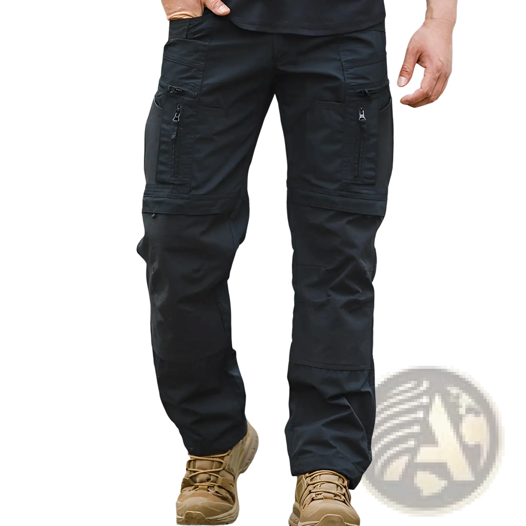 Mens waterproof tactical hiking cargo pants in black with multiple zippered pockets and reinforced stitching
