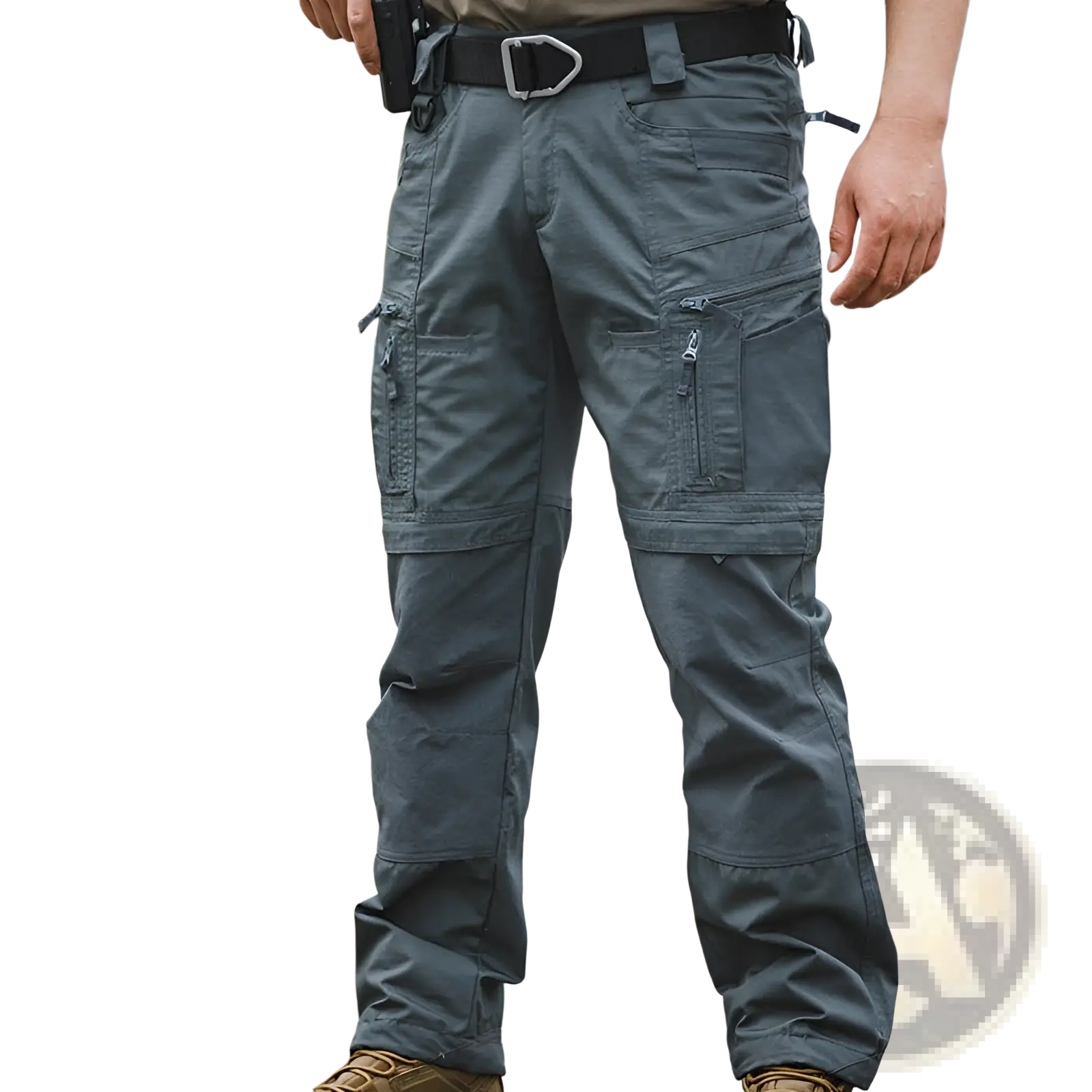 Mens waterproof tactical hiking cargo pants in dark gray with multiple zippered pockets and reinforced stitching