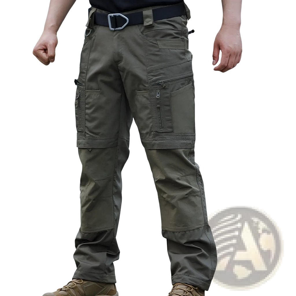 Mens waterproof tactical hiking cargo pants in olive green with multiple zippered pockets and reinforced knee panels