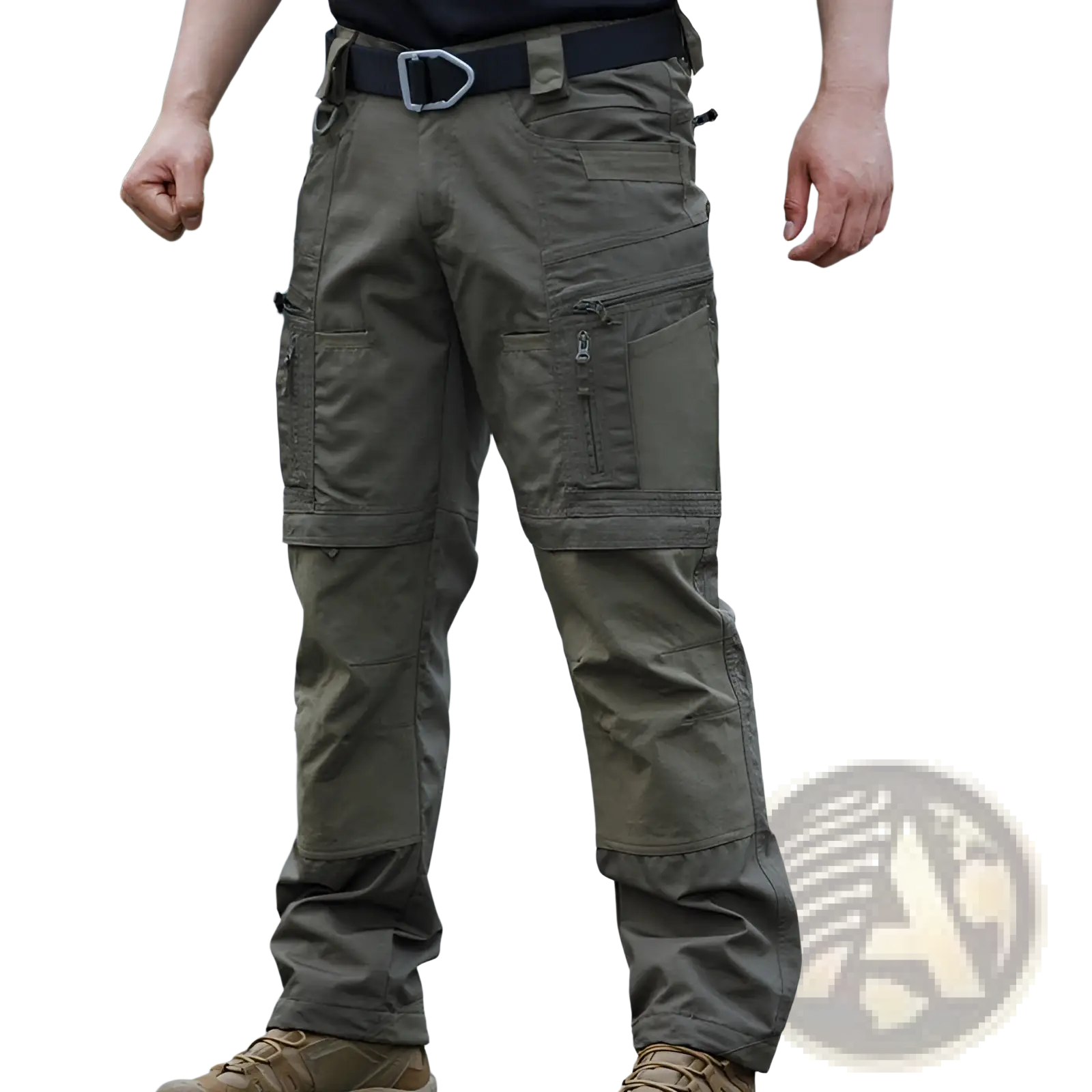 Mens waterproof tactical hiking cargo pants in olive green with multiple zippered pockets and reinforced knee panels