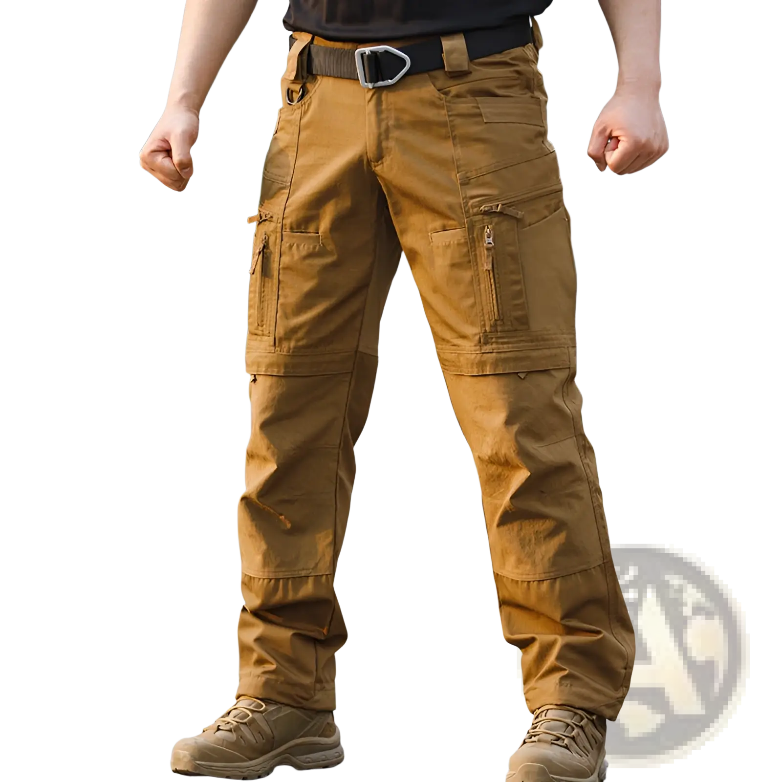 Tan waterproof mens tactical hiking cargo pants with multiple pockets and reinforced stitching visible from the back side