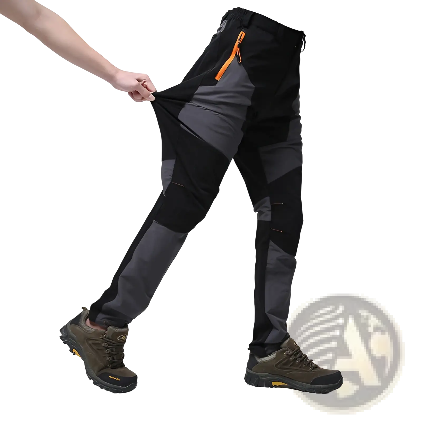 Men’s waterproof tactical hiking pants in black and gray with orange zipper accents for outdoor use