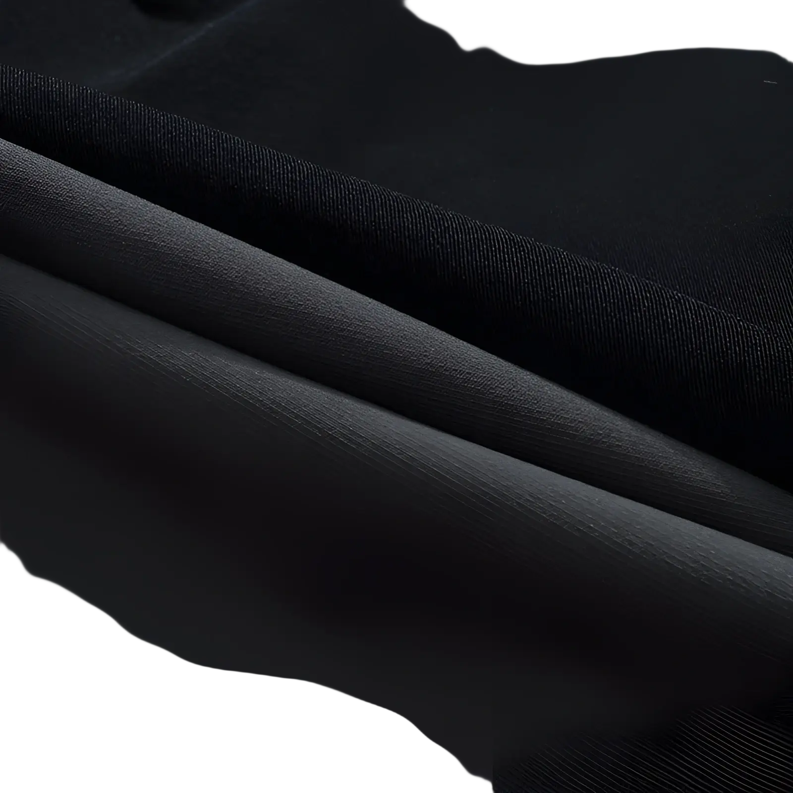 Black satin fabric with a smooth glossy finish used in men’s waterproof tactical hiking pants for durability and style