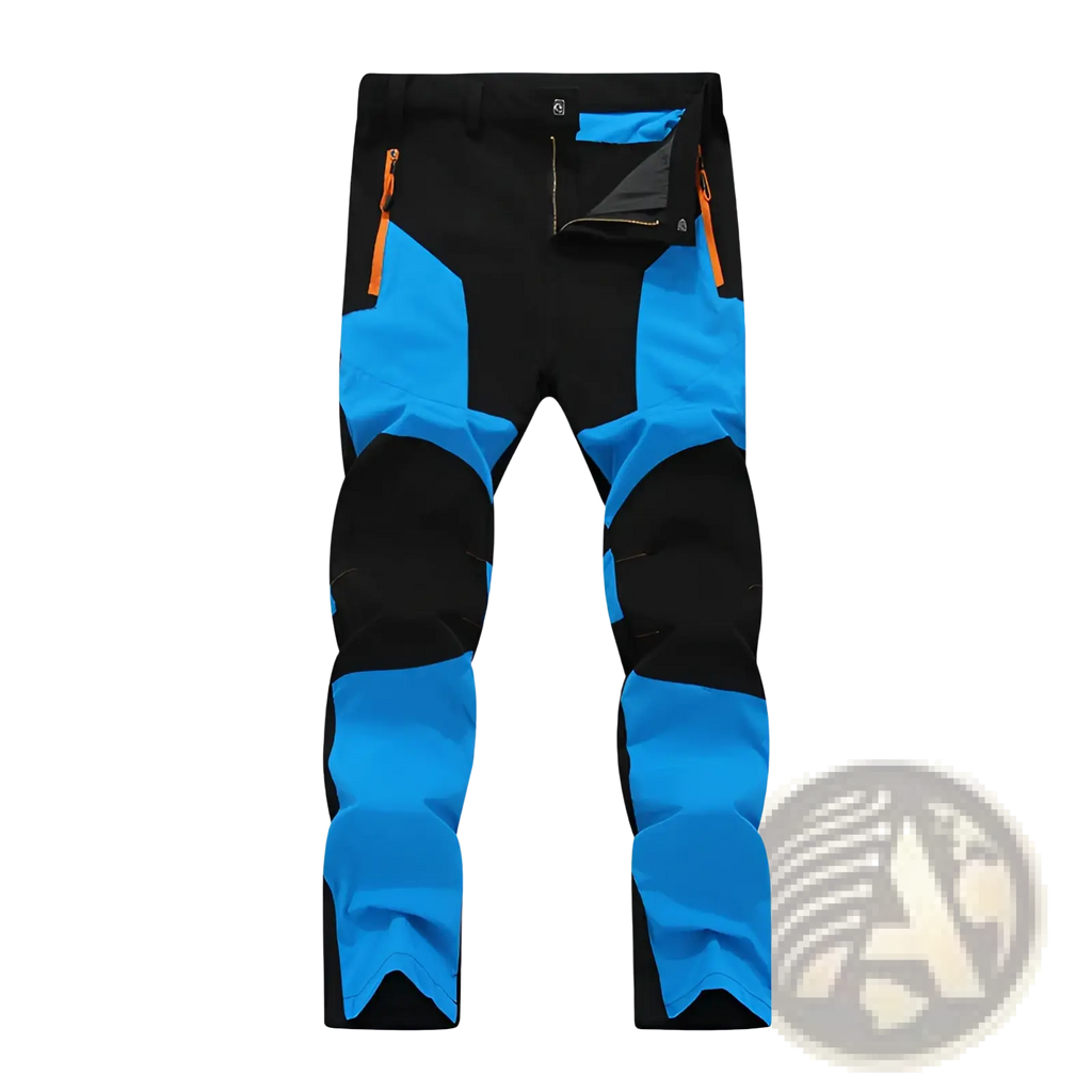 Men’s waterproof tactical hiking pants in black and bright blue with orange zipper accents for outdoor use