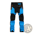 Men’s waterproof tactical hiking pants in black and bright blue with orange zipper accents for outdoor use