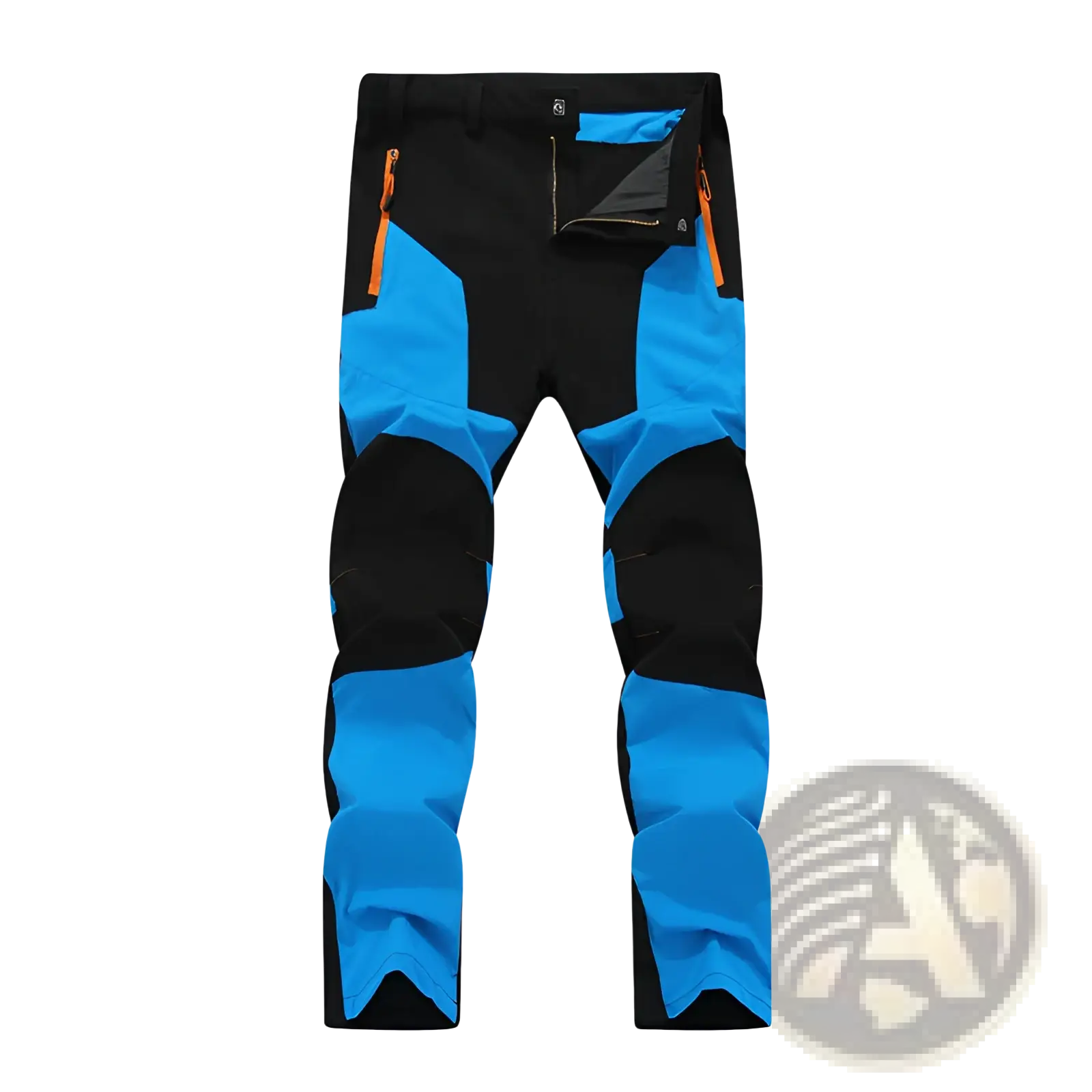 Men’s waterproof tactical hiking pants in black and bright blue with orange zipper accents for outdoor use