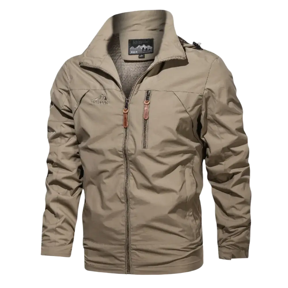 Men’s beige waterproof tactical hooded jacket with high collar front zipper and brown leather pull tabs