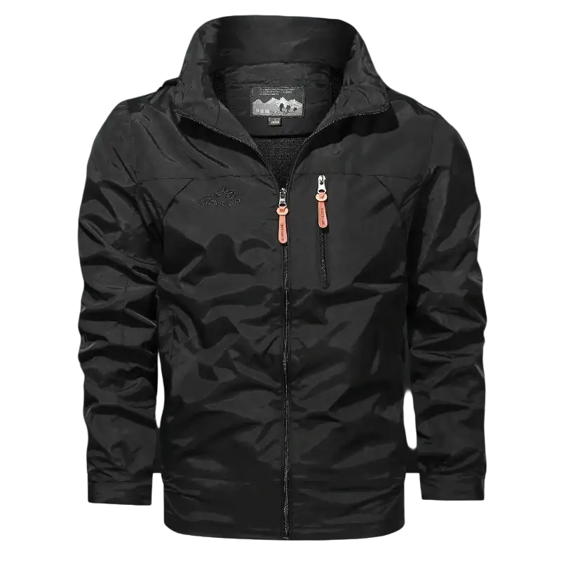Men’s waterproof tactical hooded jacket in black camouflage with orange zipper pulls and subtle chest logo