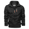 Men’s waterproof tactical hooded jacket in black camouflage with orange zipper pulls and subtle chest logo