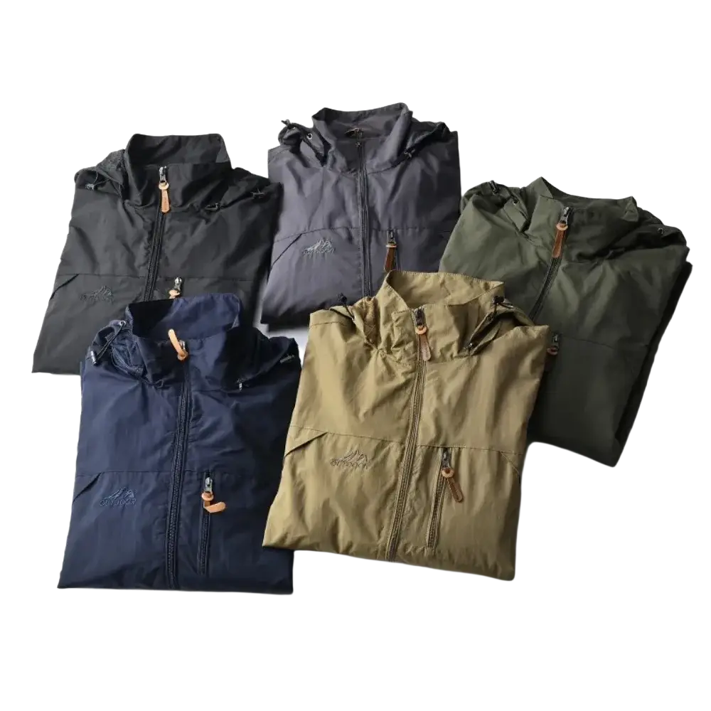 Five folded men’s waterproof tactical hooded jackets in dark navy charcoal gray olive green and khaki with tan zipper pulls