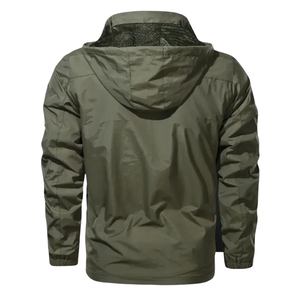 Men’s olive green waterproof tactical hooded jacket with lightweight water-resistant fabric and mesh collar lining