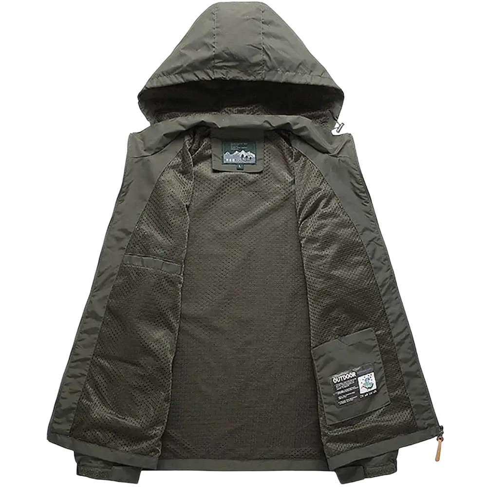 Men’s olive green waterproof tactical hooded jacket with mesh-lined interior and zippered pockets