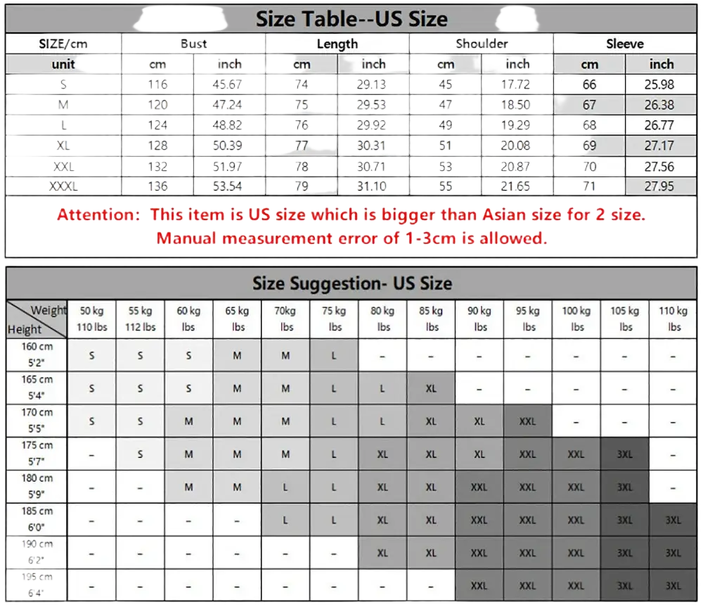 Us size clothing chart with cm and inch measurements and weight-height guide for men’s waterproof tactical hooded jacket