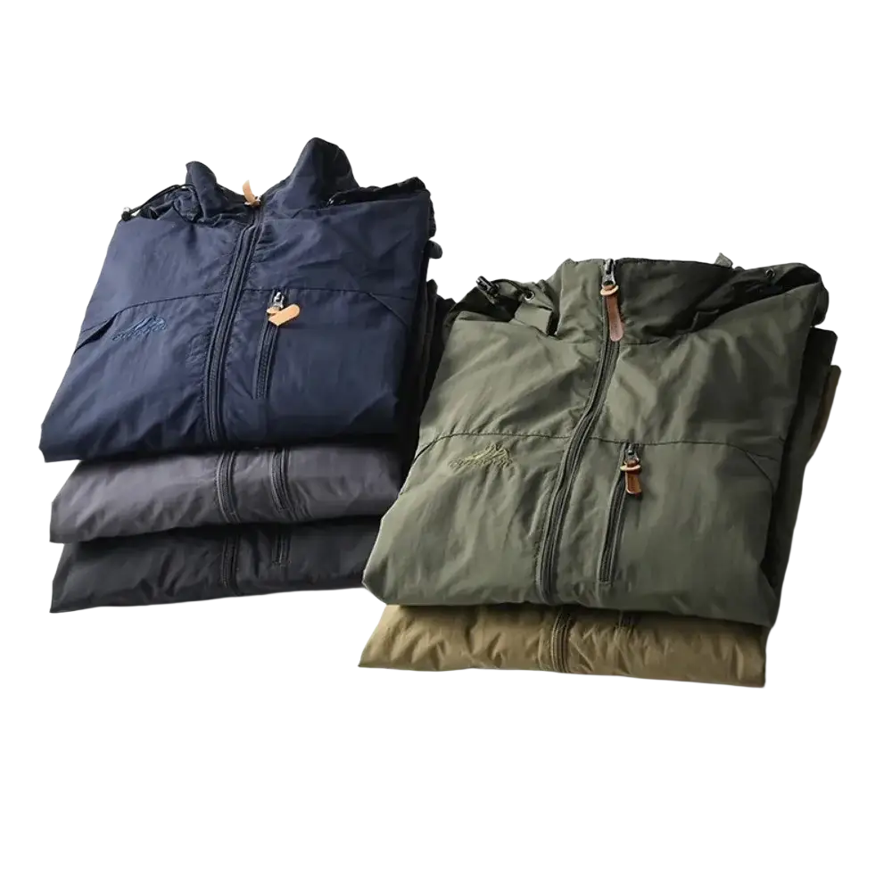 Stacked men’s waterproof tactical hooded jackets in navy blue olive green and khaki brown with zipper closures and embroidered logos