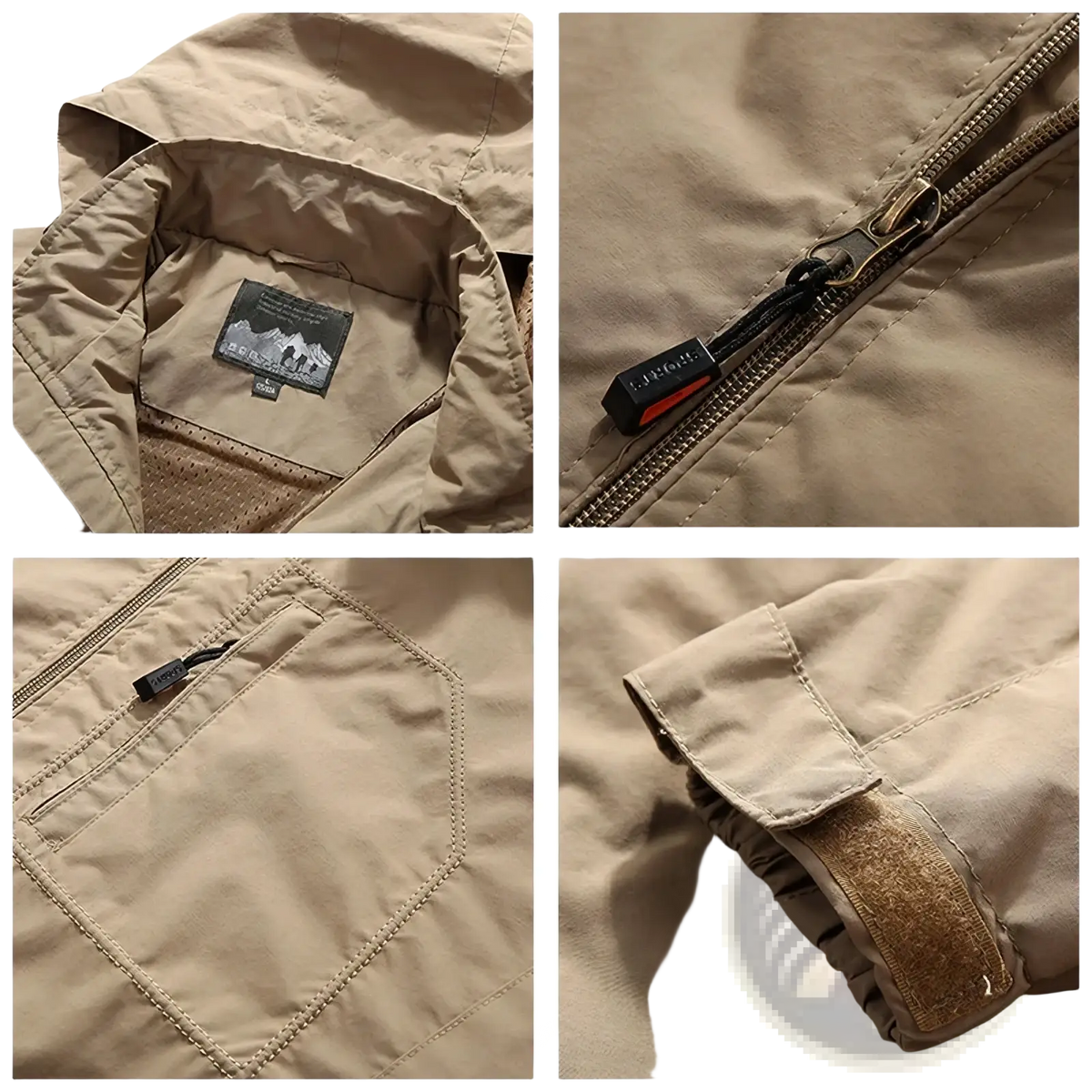 Men’s beige waterproof tactical hooded winter jacket with reinforced stitching, black orange zipper pulls, and sleeve patch