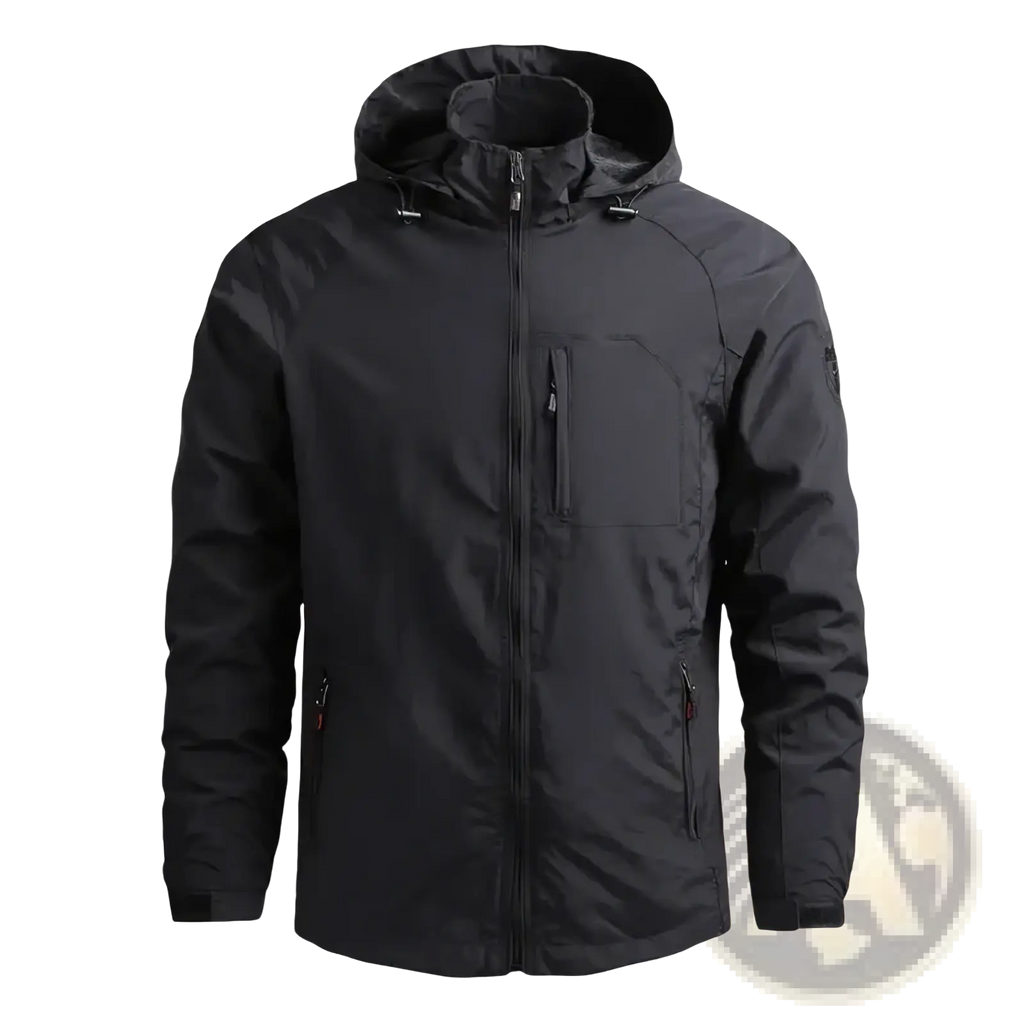 Men’s black waterproof tactical hooded winter jacket with full-length zipper multiple zippered pockets and red accents