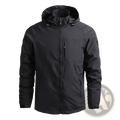 Men’s black waterproof tactical hooded winter jacket with full-length zipper multiple zippered pockets and red accents