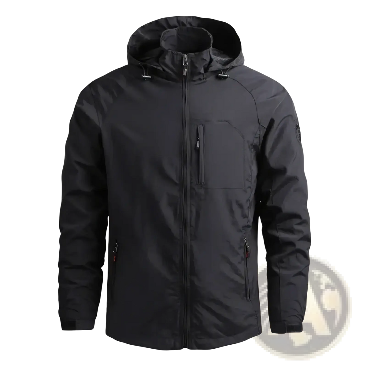 Men’s black waterproof tactical hooded winter jacket with full-length zipper multiple zippered pockets and red accents