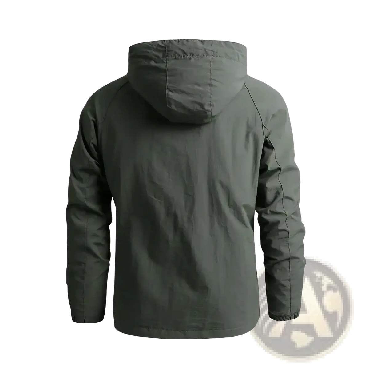 Men’s waterproof tactical hooded winter jacket in dark olive green with sleek lightweight fabric and subtle seam detailing