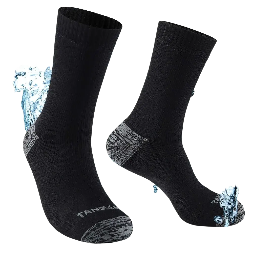 Men’s waterproof thermal hiking socks black showing ribbed cuff and gray textured heel and toe accents