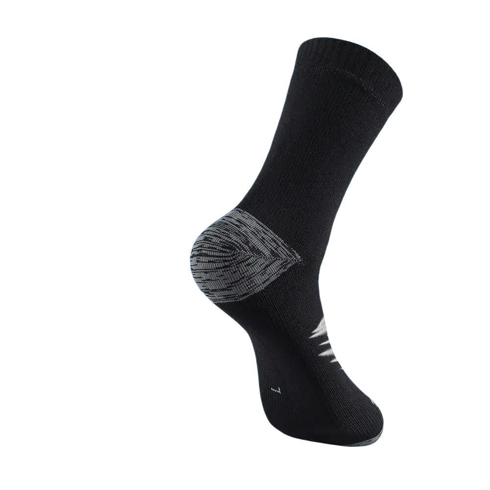 Men’s waterproof thermal hiking sock in black with gray textured heel and toe featuring breathable waterproof membrane